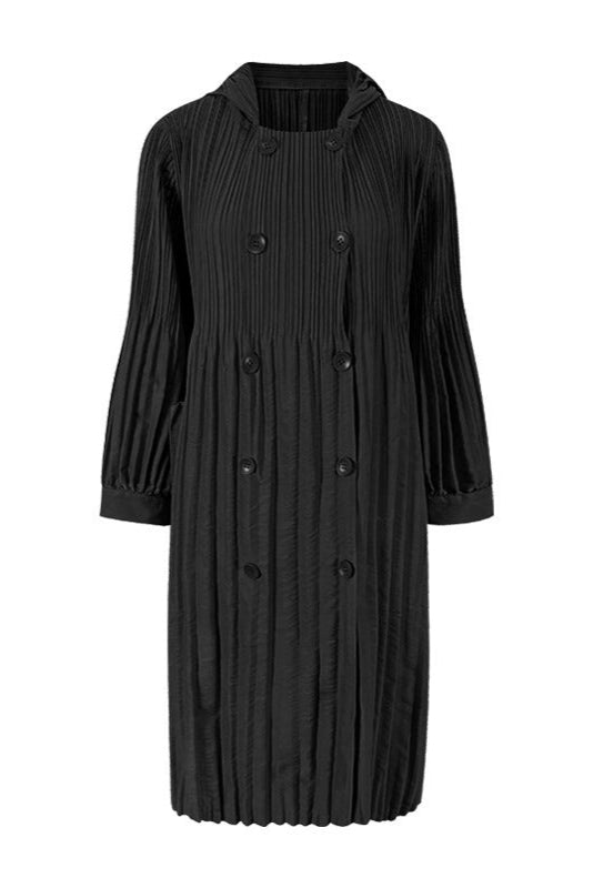 Pleated Double-Breasted Trench Coat – Loose Mid-Length Women’s Jacket