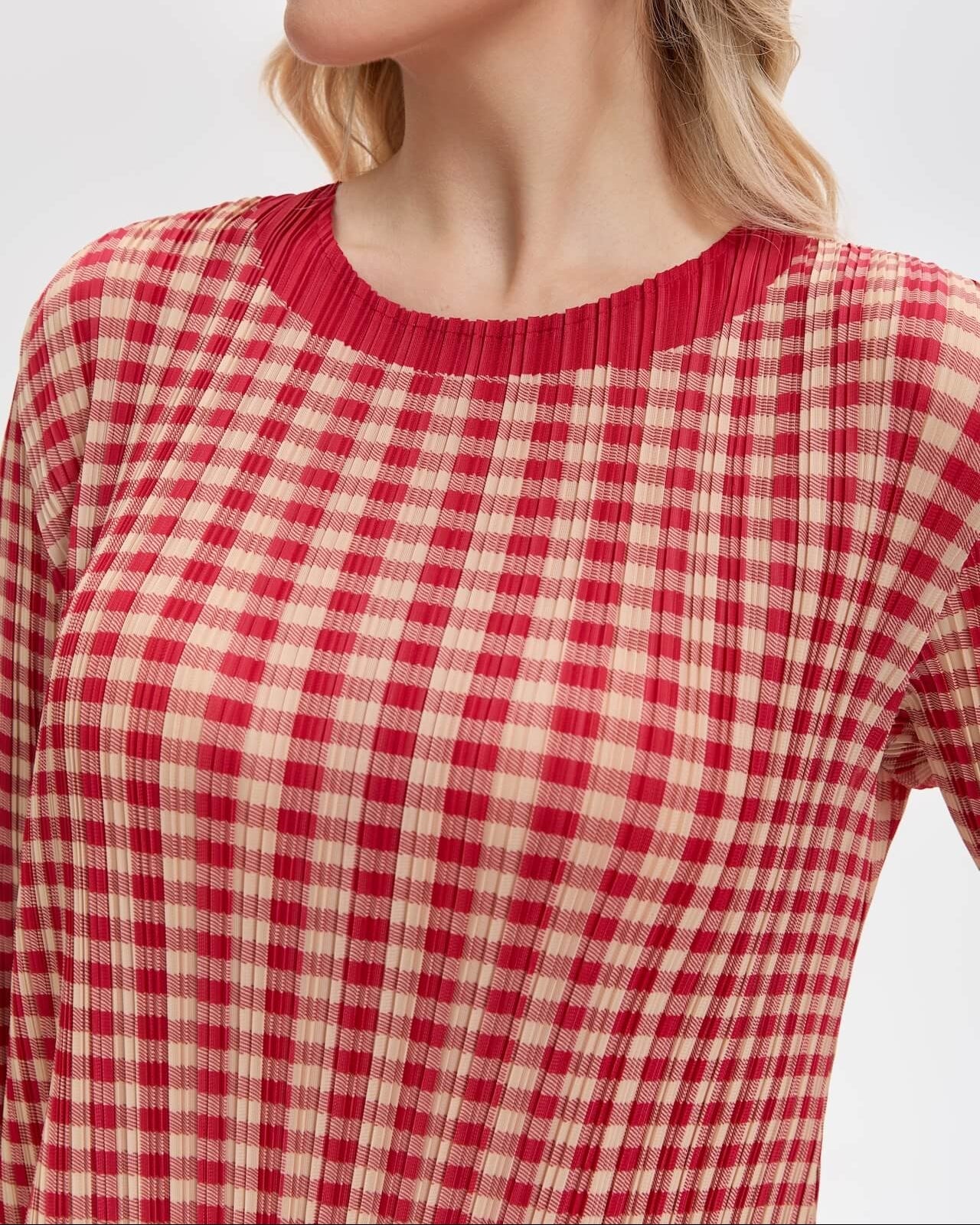 Pleatsart Wrinkle-Free Travel-Friendly Gingham Pleats Midi Dress With Pockets