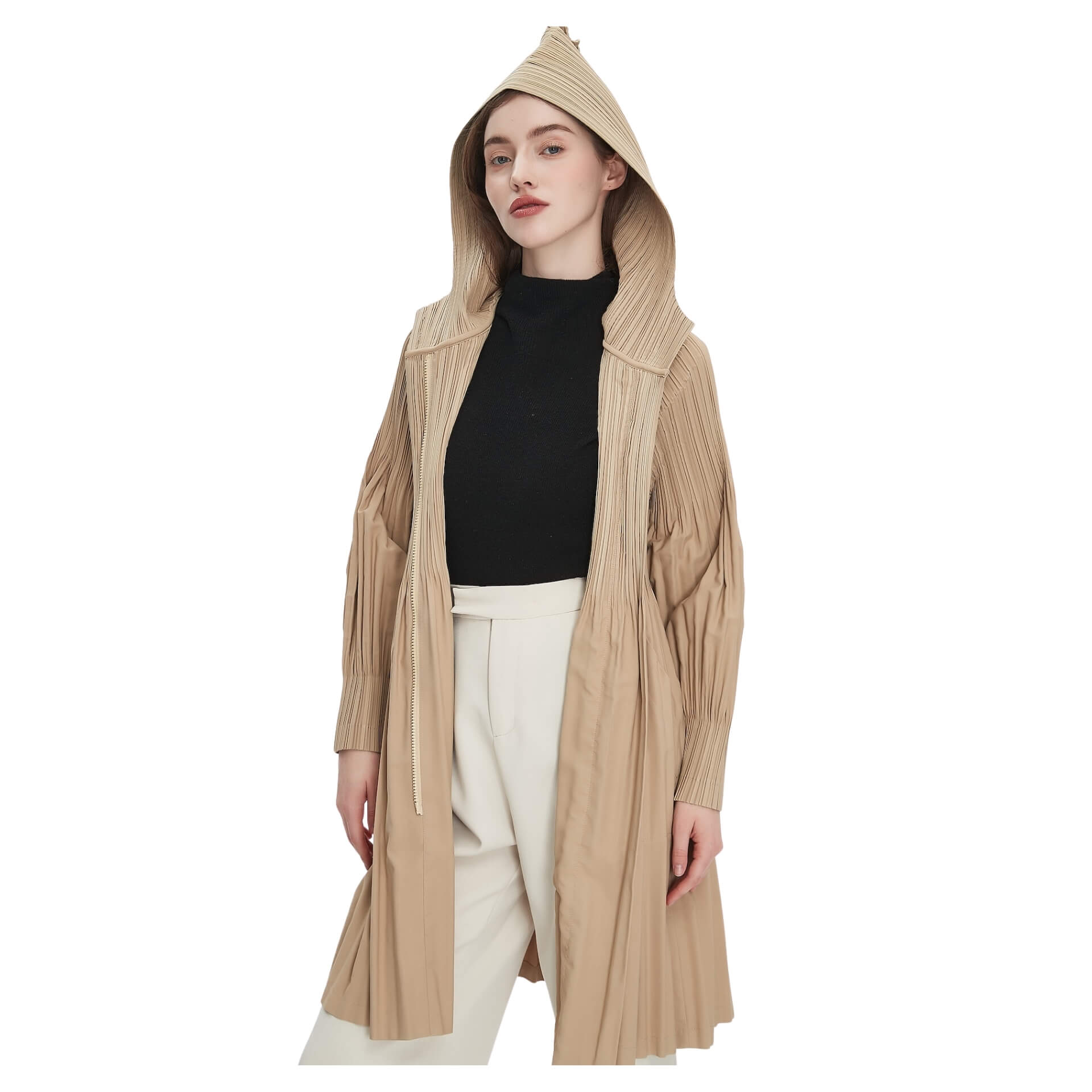 Pleatsart Wrinkle-Free Hooded Pleats Trench Coat