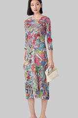 Women’s Summer Pleated Maxi Dress – Graffiti Print Loose Slimming Style