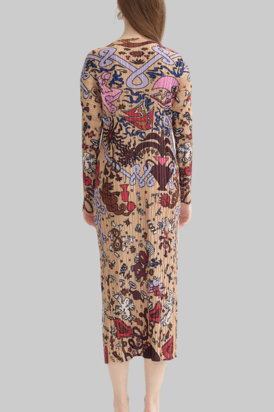 Pleated Printed Maxi Dress – Elegant Loose Long Sleeve Style