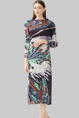 Miyake spring new A-line skirt premium print half-high neck casual pleated long-sleeved small fragrance dress women