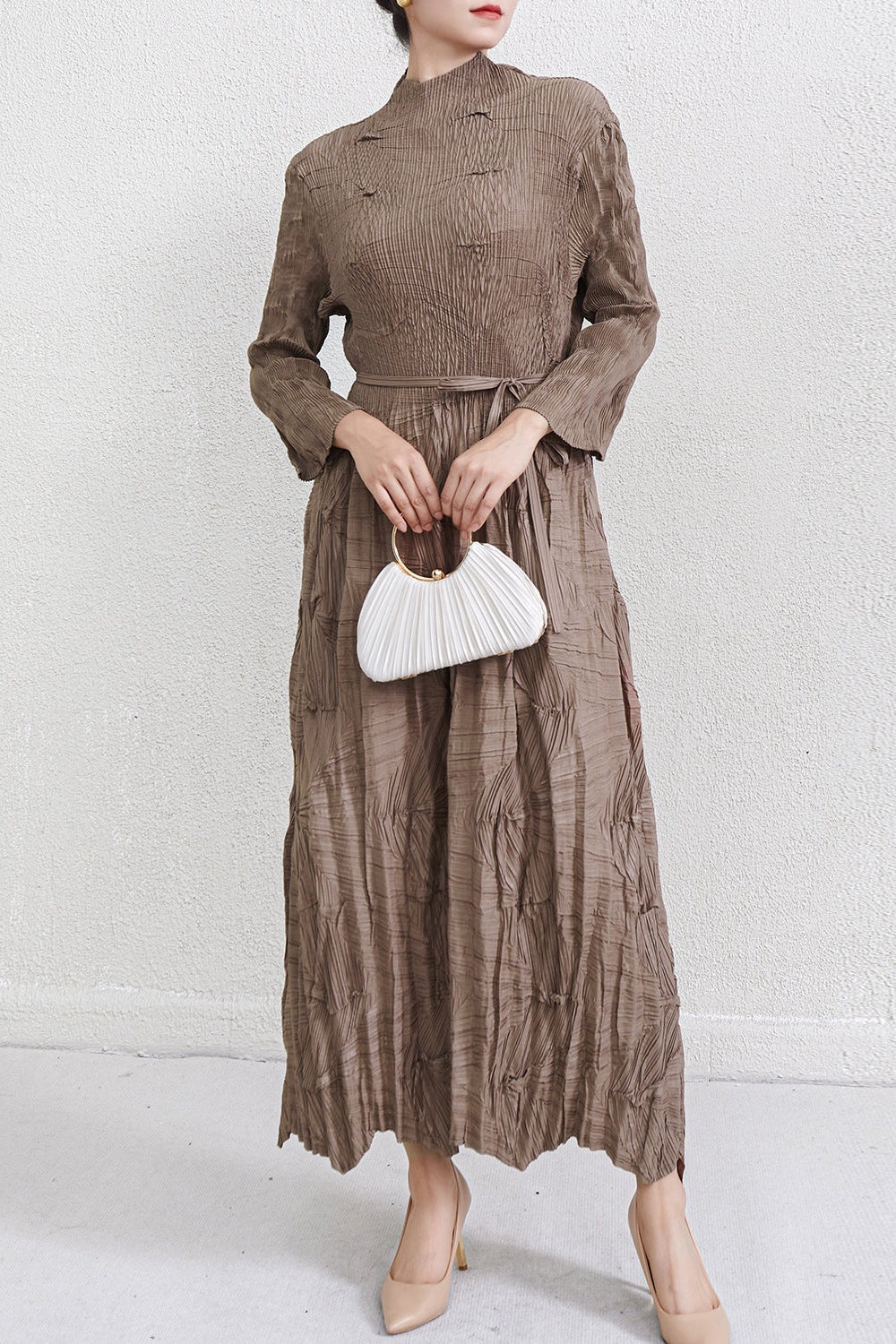 Pleats Art Style Pleated Maxi Dress – Lace-Up Waist Irregular Design