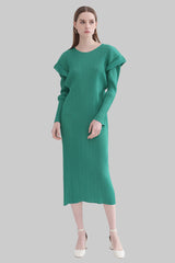 Pleats Art Style Long-Sleeve Pleated Dress – Slim Fit, Solid Color