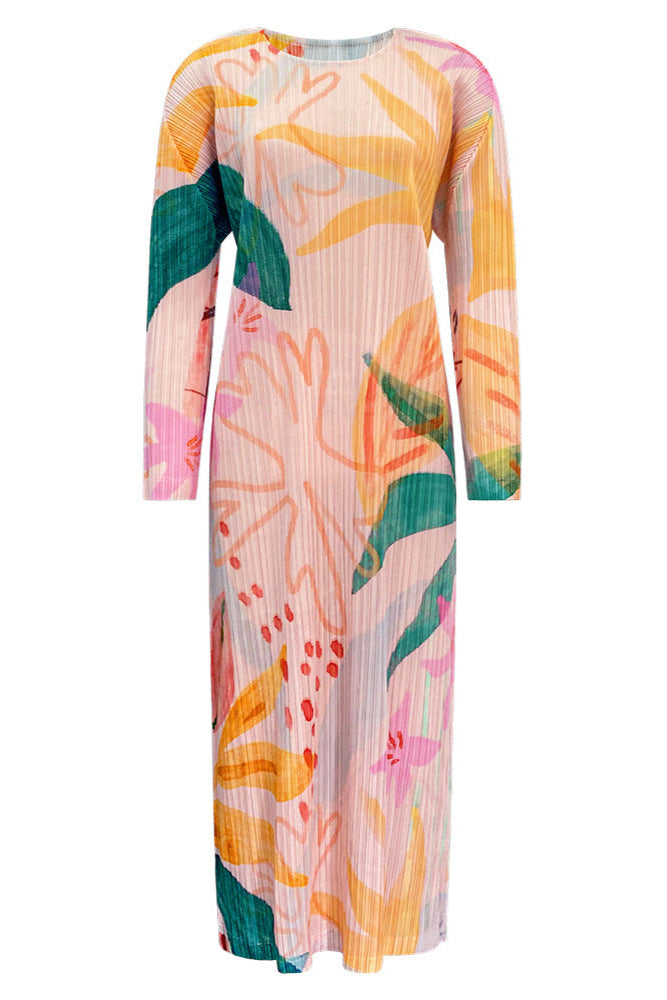 Miyake's temperament waist long-sleeved dress skirt for women 2025 spring and summer new floral print pleated A-line skirt women