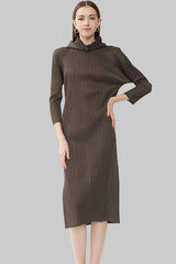 Pleats Art Style A-Line Pleated Dress – Hooded Long Sleeves
