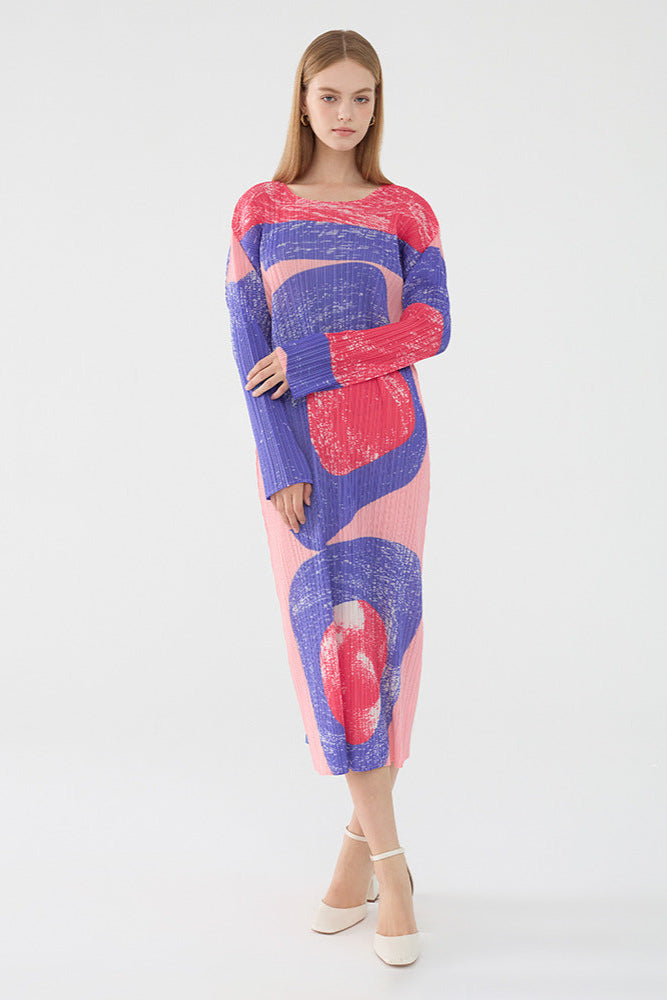 Pleatsart Wrinkle-Free Travel-Friendly Circle Print Midi Dress