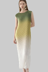 Pleats Art Style Pleated Dress – Fish Scale Gradient Sleeveless Round Neck