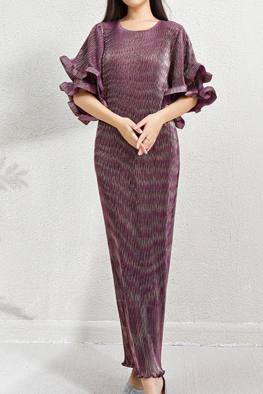 Pleats Art Style Pleated Dress – Metallic Slim Fit with Double-Layer Ruffled Sleeves