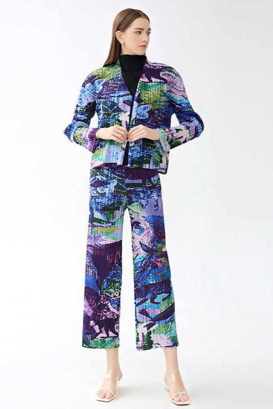Pleated Printed Jacket and Pants Set – Chic Straight-Leg Two-Piece Outfit
