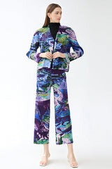 Pleated Printed Jacket and Pants Set – Chic Straight-Leg Two-Piece Outfit