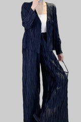Pleated Style Women’s Fashion Suit – Feminine Jacket and Loose Wide-Leg Pants Two-Piece Set