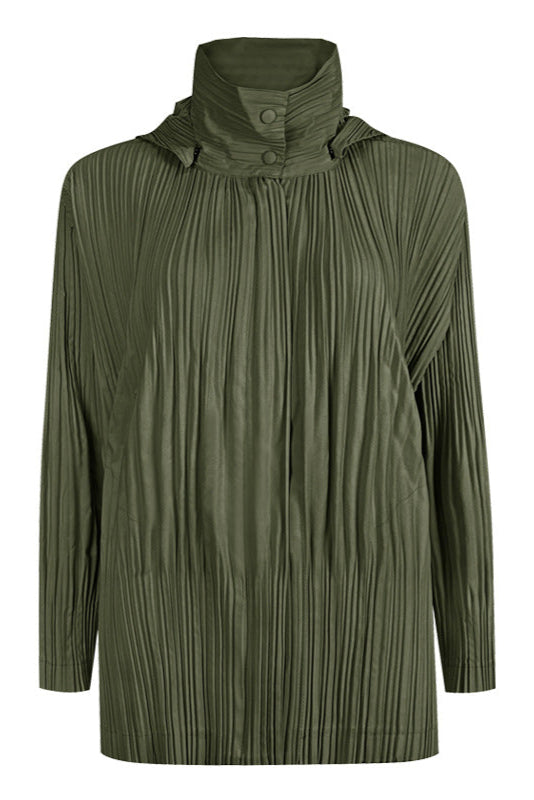 Pleats Please Short Trench Coat – Solid Color Pleated Jacket with Detachable Hood
