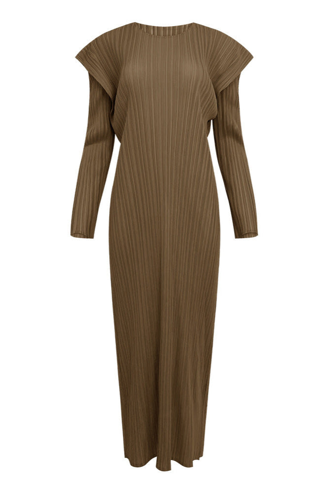 Pleats Art Style Long-Sleeve Pleated Dress – Slim Fit, Solid Color