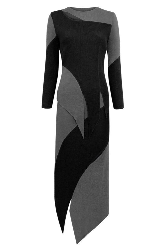 Pleats Art Style Contrast Pleated Top & Irregular Skirt Set – Slim Fit
