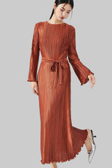 Pleats Please Long-Sleeve Maxi Dress – Pleated Lace-Up Waist Casual Style