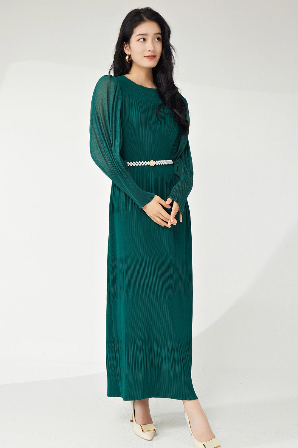 Pleats Please Lantern Sleeve Maxi Dress – Plus-Size Friendly Elegant Pleated Long Dress