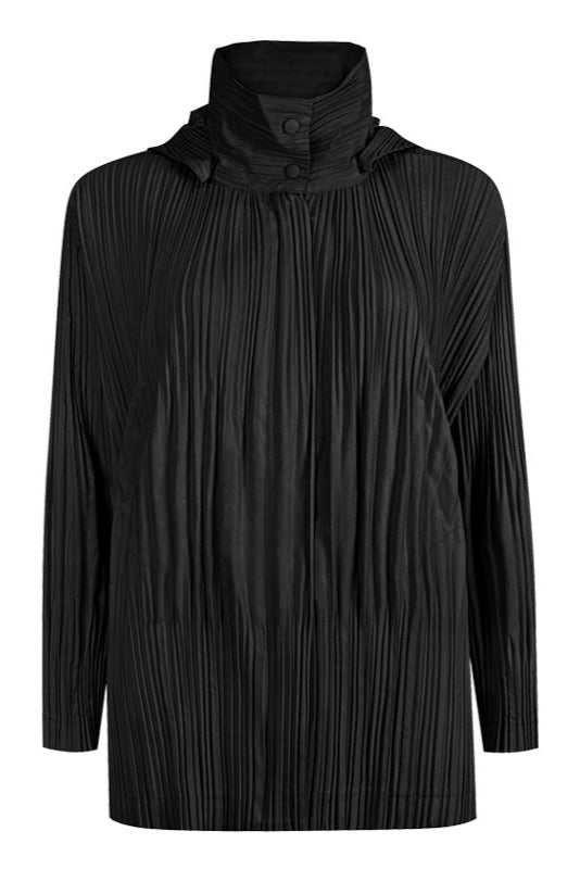 Pleats Please Short Trench Coat – Solid Color Pleated Jacket with Detachable Hood
