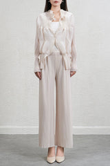 Pleated Floral Bud Cardigan and Wide-Leg Pants Set – Elegant Two-Piece Outfit