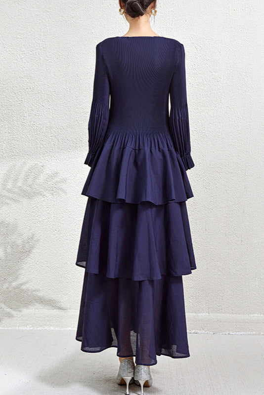Pleats Art Style Pleated Dress – Elegant Waist-Slimming Ruffle Long Sleeve