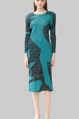 Pleated Gentle Print A-Line Dress – Slim Long Sleeve Elegant Style