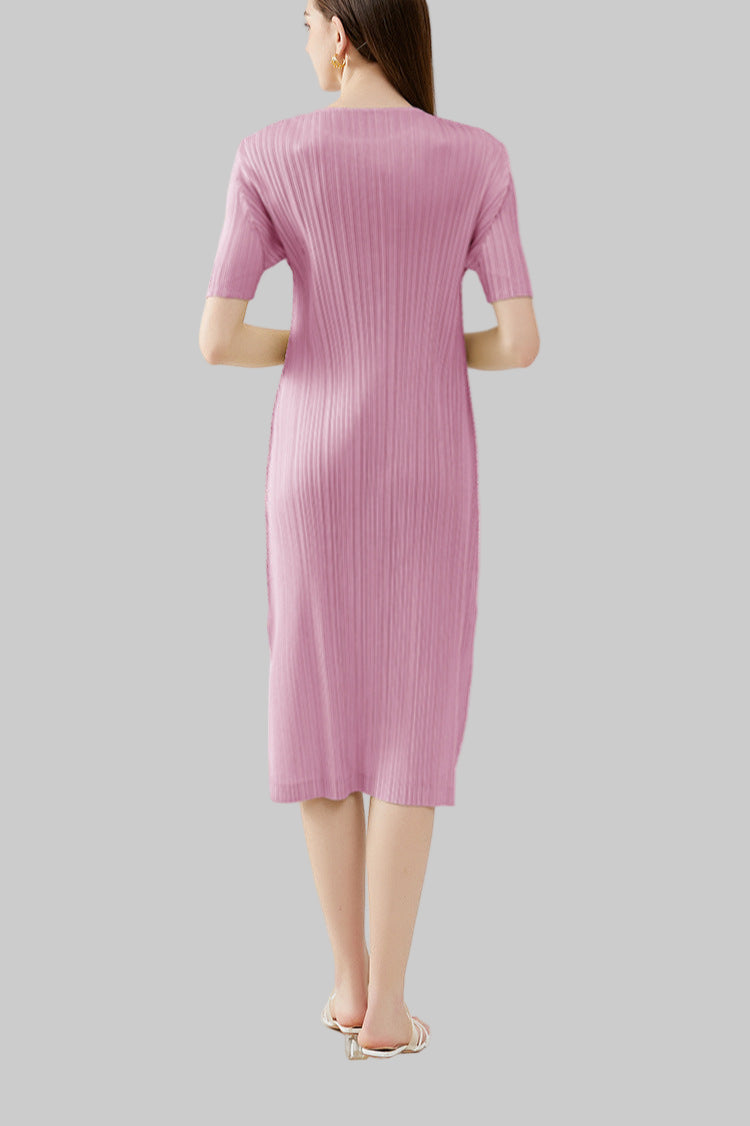 Solid Color Pleated A-Line Dress – Short Sleeve Slim Fit Midi