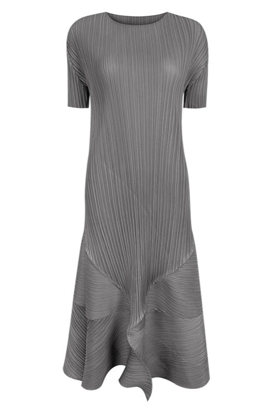 Pleats Art Style Pleated Dress – Short Sleeve Crew Neck Midi