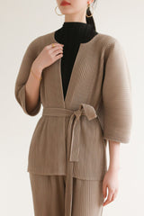 Pleated Two-Piece Set – Lace-Up Cardigan Jacket & Cropped Pants, Casual Chic Style