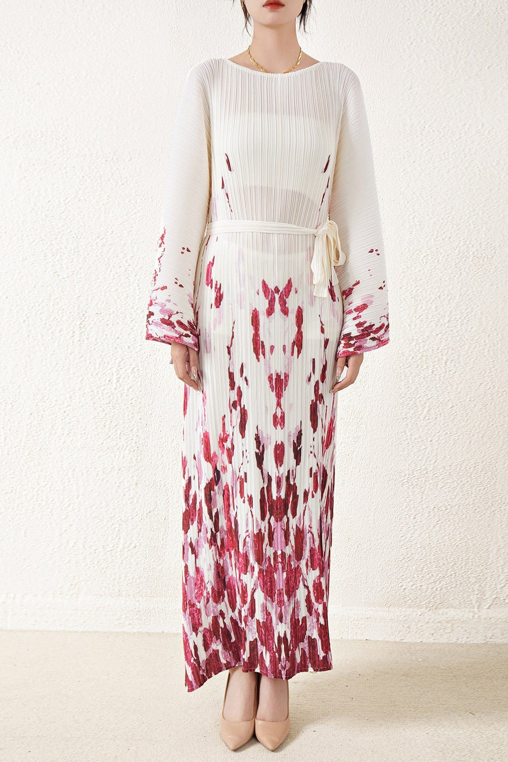 Pleated Printed Lace-Up Straight Dress – Elegant and Modern Women’s Style