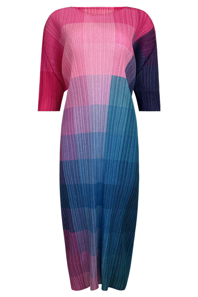 Pleats Art Style Color-Block A-Line Pleated Dress – Mid-Length Rainbow Design