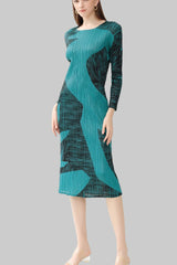 Pleated Gentle Print A-Line Dress – Slim Long Sleeve Elegant Style