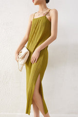 Miyake style temperament pleated slip dress women's summer 2024 women's boat neck slim slim slim slit midi skirt IsseyMiyakePleats