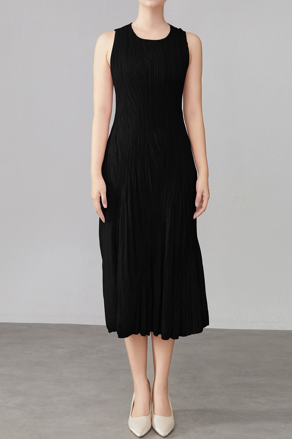 Pleats Art Style Pleated Dress – Spliced Sleeveless Midi