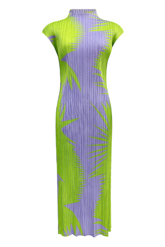 Pleats Art Style Pleated Dress – Sleeveless Half-Turtleneck Midi Print