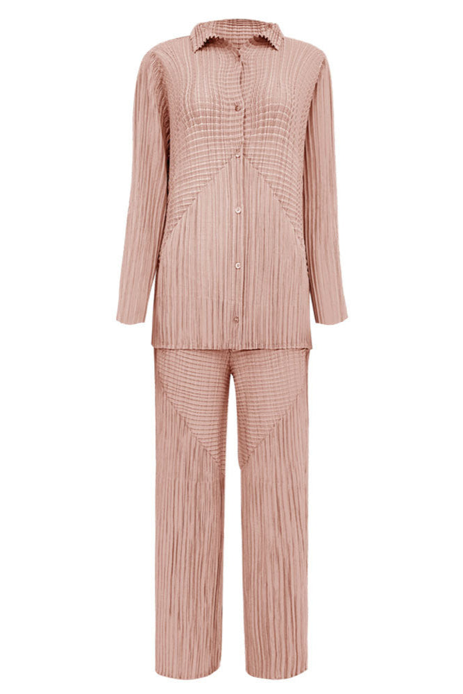 Pleated Solid Color Shirt and Straight Pants Set – Chic Two-Piece Outfit
