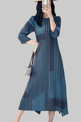 Miyake stripe print vintage dress women's spring and summer high-end pleats waist slimming crew neck bottom long skirt