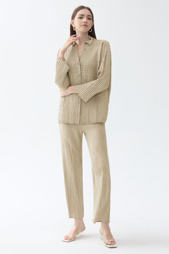 Pleated Solid Color Shirt and Straight Pants Set – Chic Two-Piece Outfit