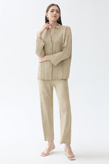Pleated Solid Color Shirt and Straight Pants Set – Chic Two-Piece Outfit
