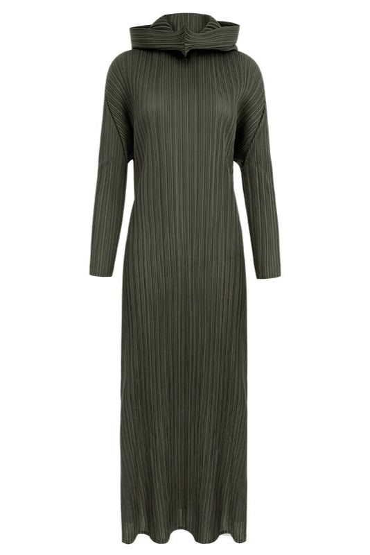 Pleats Art Style A-Line Pleated Dress – Hooded Long Sleeves