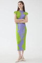 Pleats Art Style Pleated Dress – Sleeveless Half-Turtleneck Midi Print