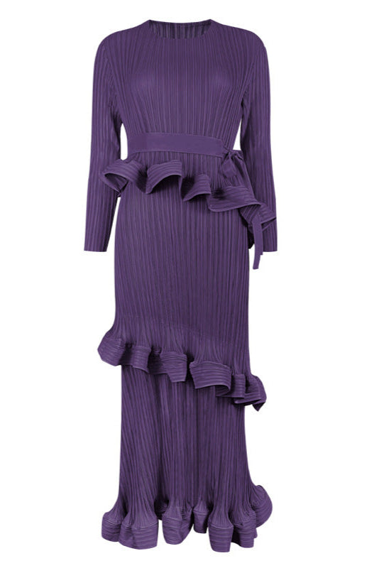 Pleats Art Style Ruffled Lace-Up Pleated Dress – Long Sleeve Midi