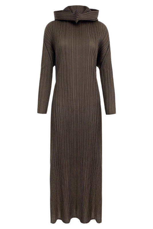 Pleats Art Style A-Line Pleated Dress – Hooded Long Sleeves