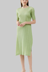 Pleated Solid Color Midi Dress – Short Sleeve Slim A-Line Style
