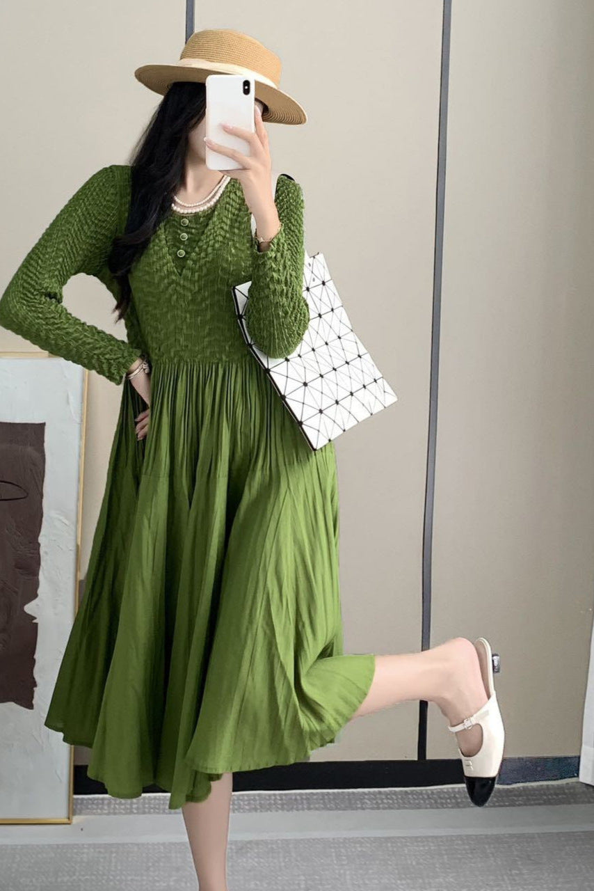 Pleated Solid Color A-Line Maxi Dress – Elegant Waist-Tied Style for Women