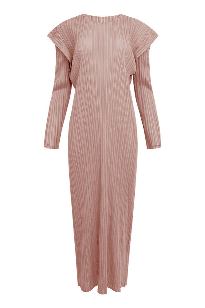 Pleats Art Style Long-Sleeve Pleated Dress – Slim Fit, Solid Color