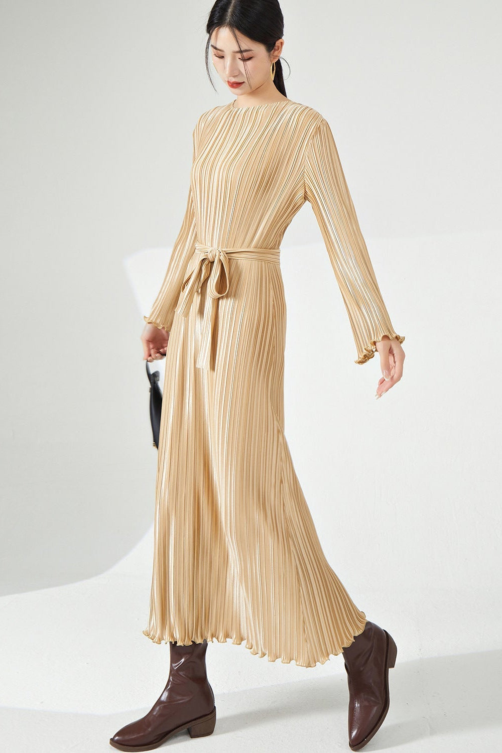Pleats Please Long-Sleeve Maxi Dress – Pleated Lace-Up Waist Casual Style