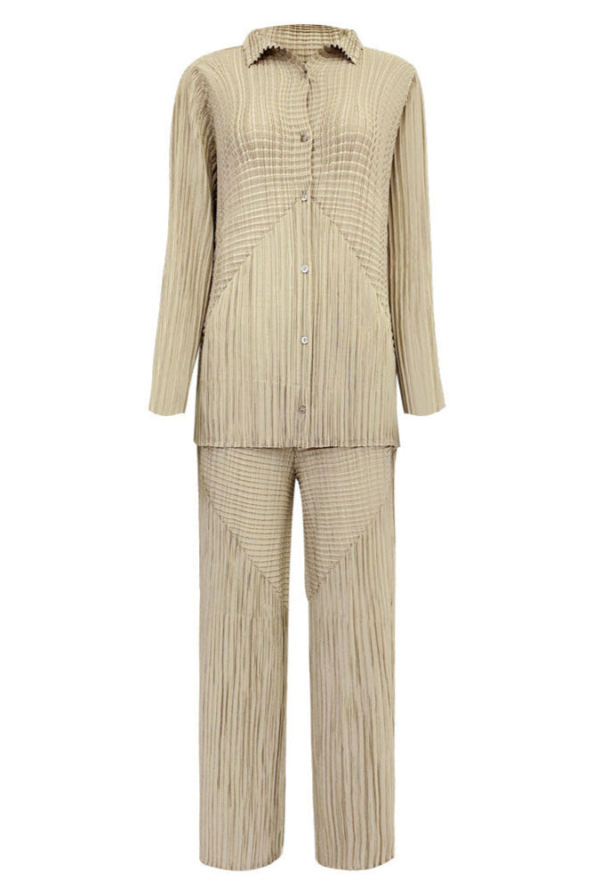 Pleated Solid Color Shirt and Straight Pants Set – Chic Two-Piece Outfit