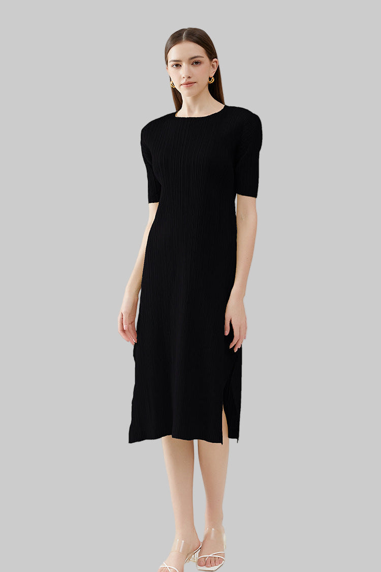 Solid Color Pleated A-Line Dress – Short Sleeve Slim Fit Midi