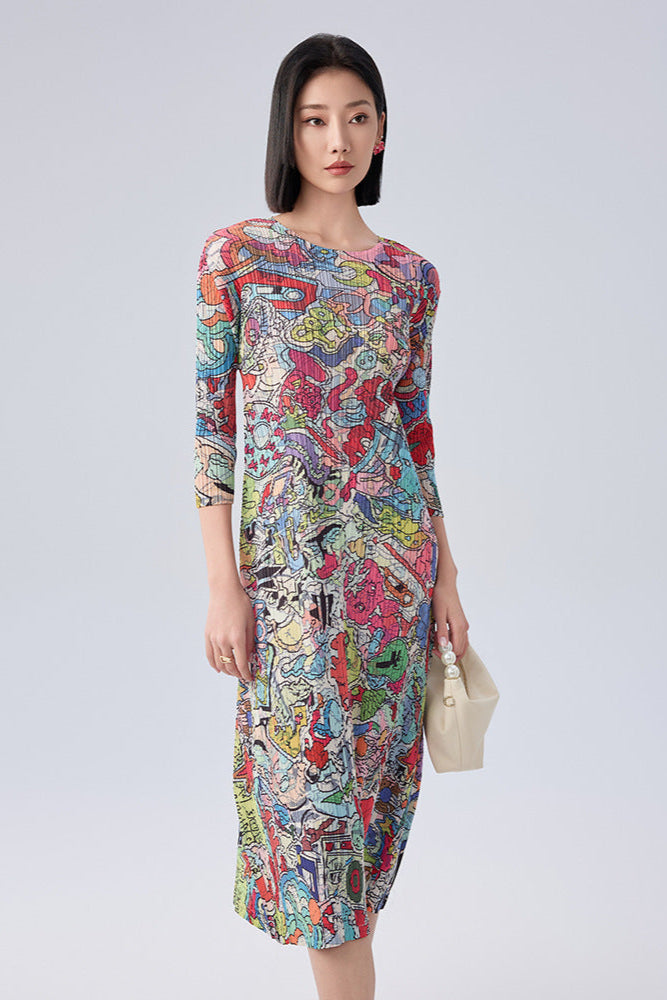Women’s Summer Pleated Maxi Dress – Graffiti Print Loose Slimming Style