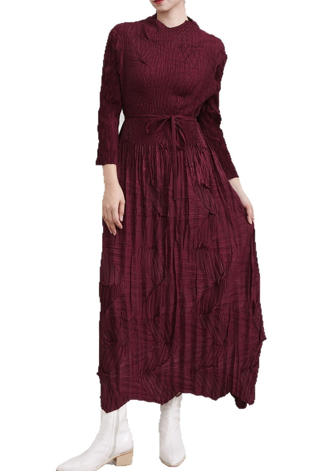 Pleats Art Style Pleated Maxi Dress – Lace-Up Waist Irregular Design
